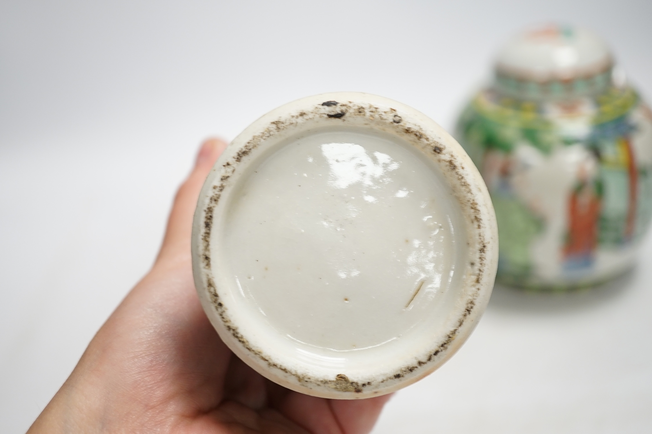 Chinese ceramics to include a crackleware vase and a blue and white vase, a jar and cover and a rice bowl, tallest 20cm high. Condition - all items damaged, overall poor